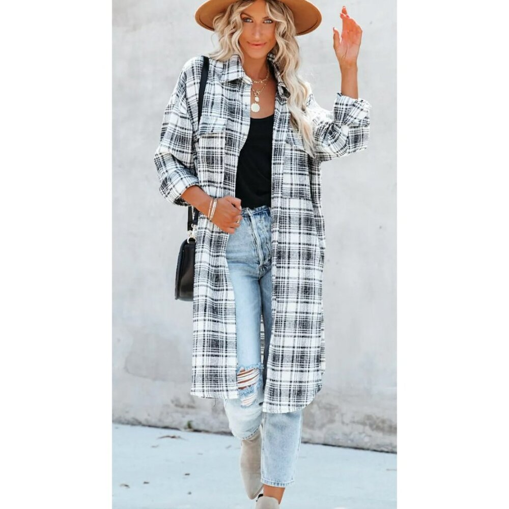 Vici Small Plaid Button-Down Longline Shirt Jacket In Black & White Oversized Si